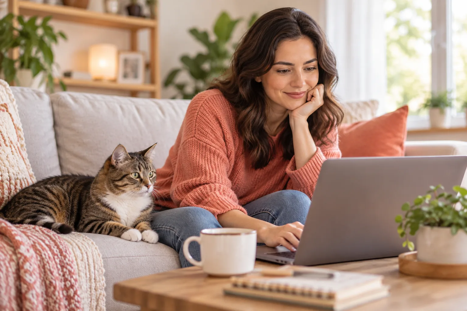 Owner working at a laptop beside a resting tabby cat