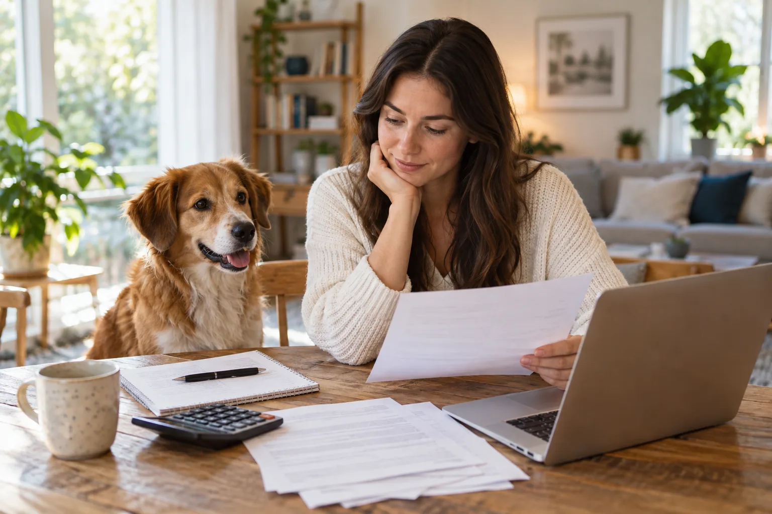 Owner considering paperwork and a laptop with a dog nearby